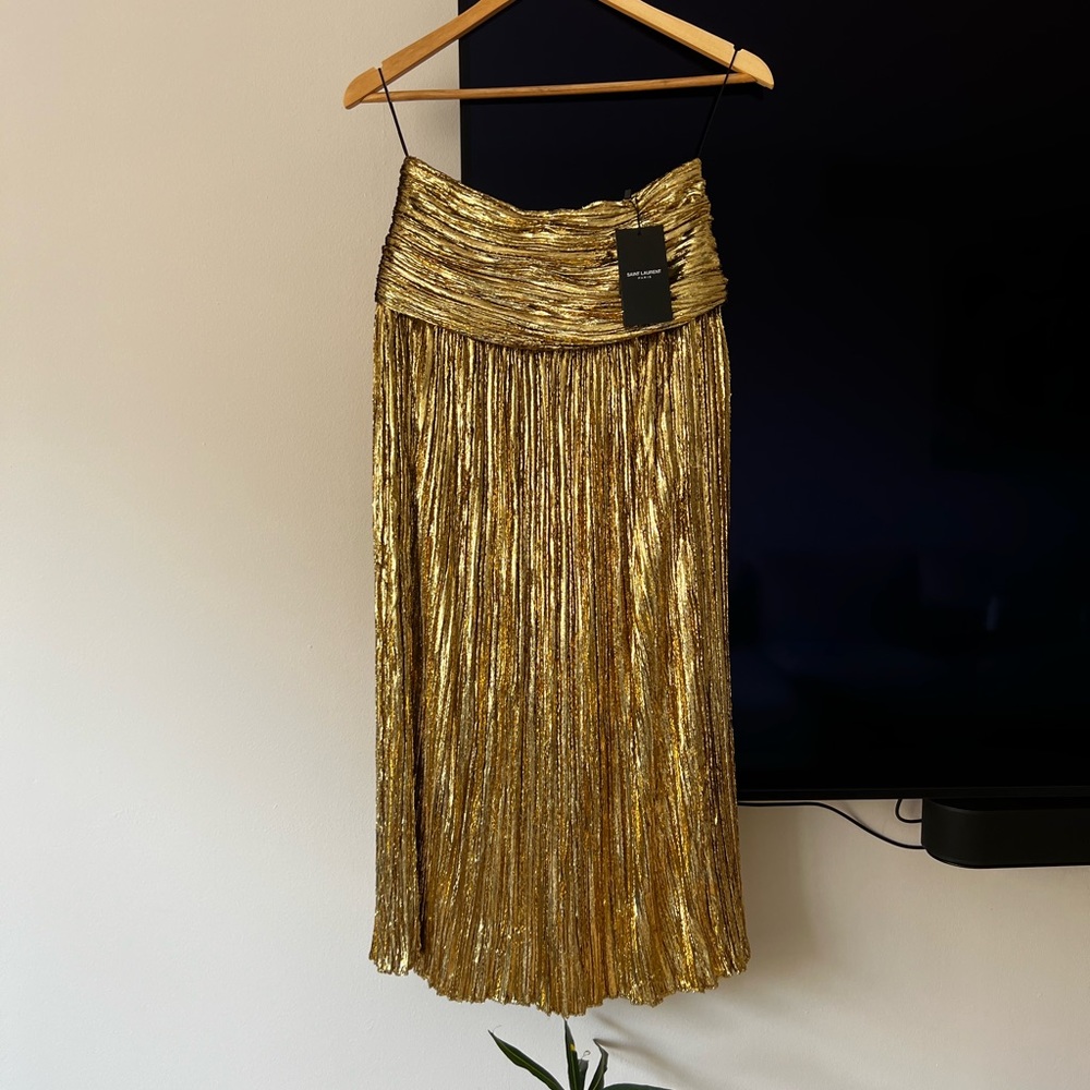 SAINT LAURENT Runway 2020 - Pleated Lurex Midi Skirt - Gold